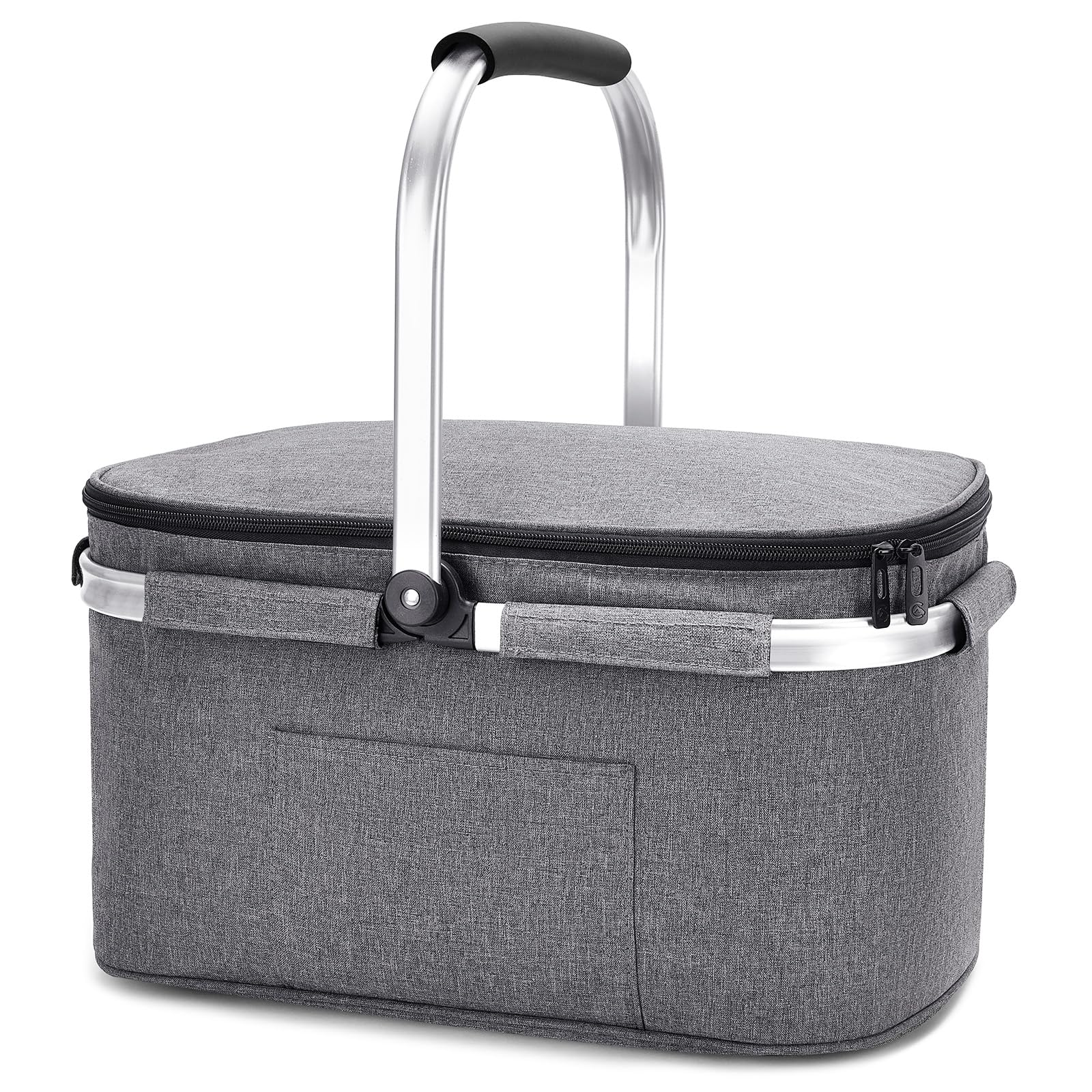 ALLCAMP Cool Bag - Insulated Shopping Basket with Lid, Ice Box Cooler,Removable Picnic Basket for 4 People, Thick Thermal Basket with Aluminum Frame (Large Gray)