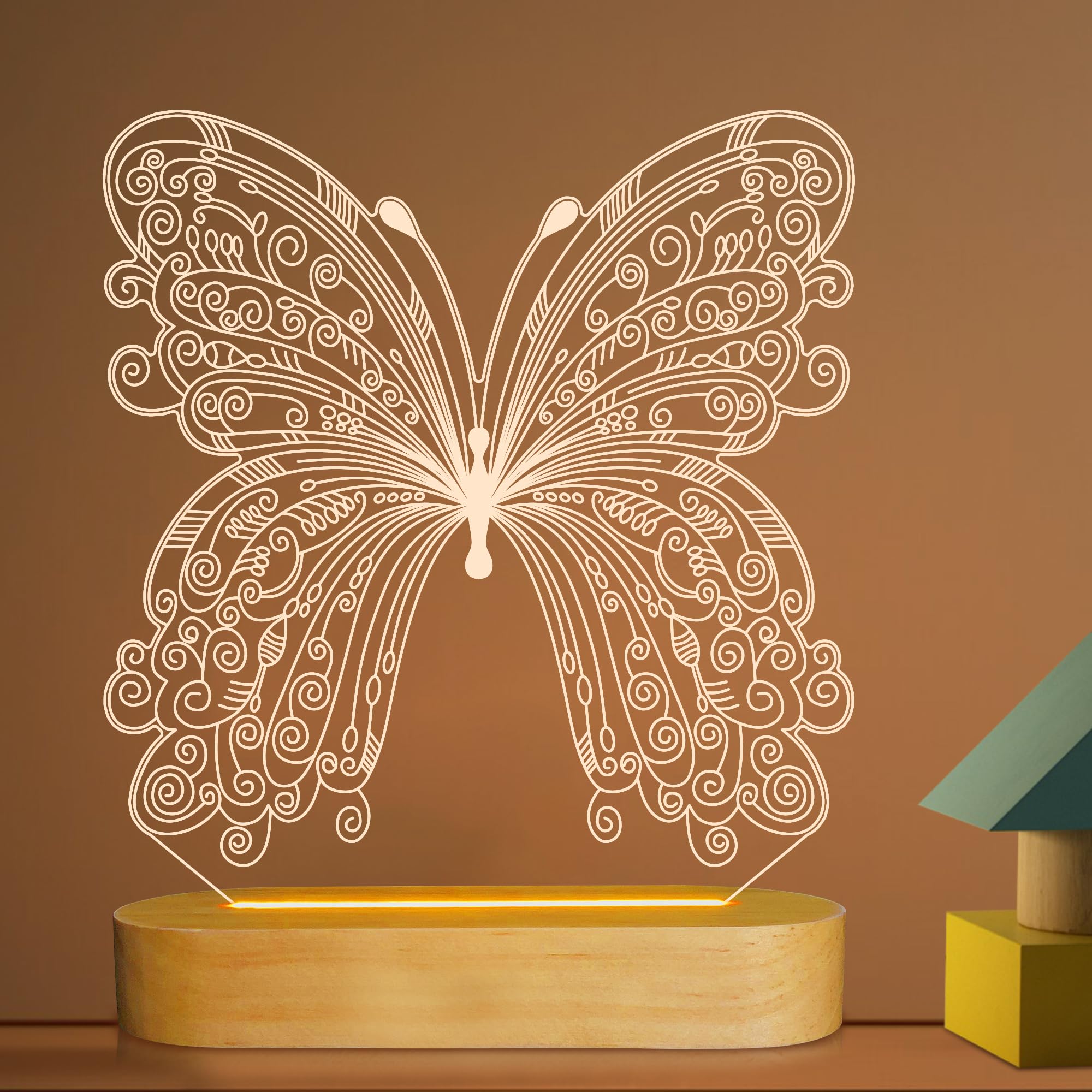 Lightzz Butterfly 3D Night Light Birthday Gift 3D Illusion Lamp, Butterfly Light - Gifts for Kids Baby Girl Bedroom Decor, Soft Warm White Colors Wooden Base Bedside Table Lamp