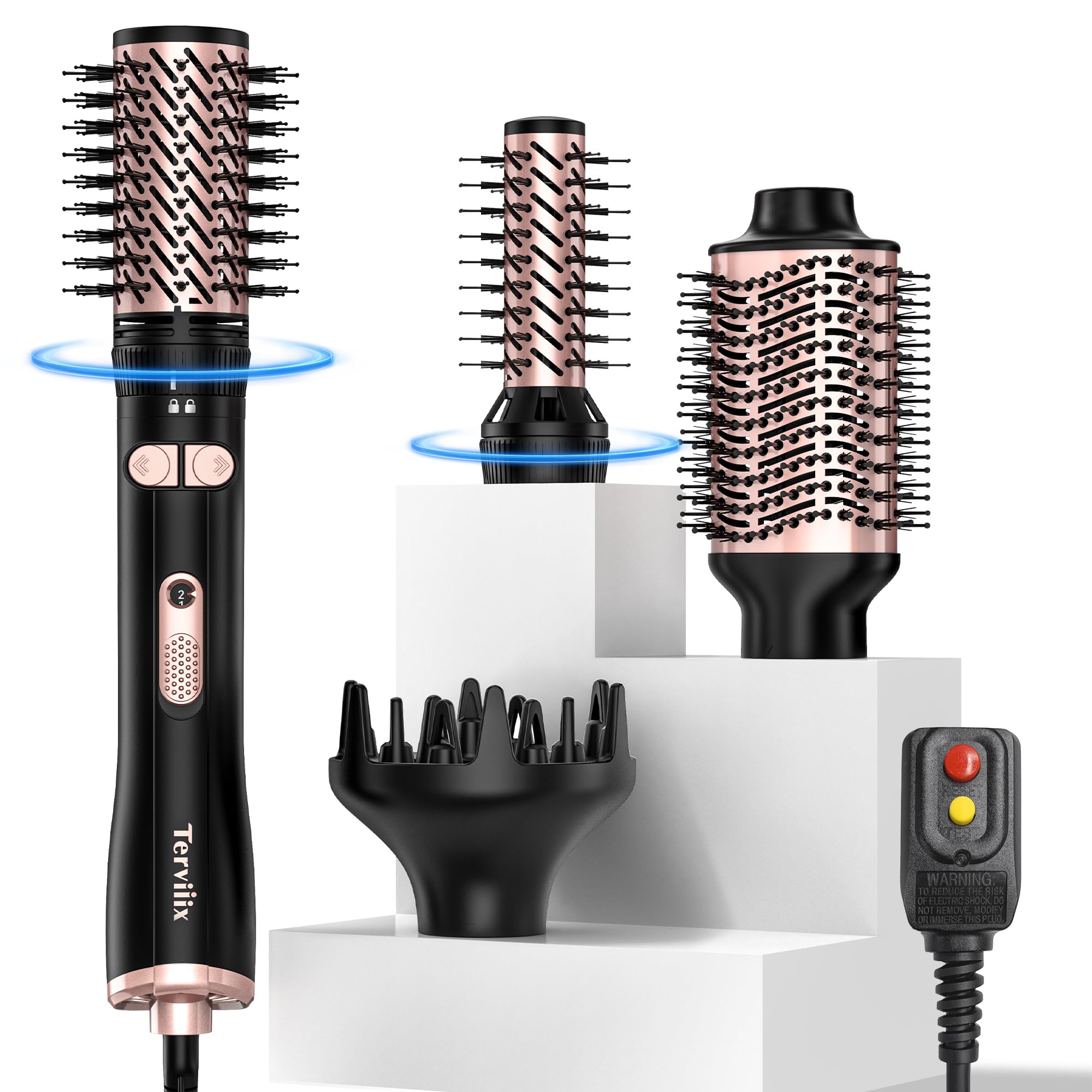 Photo 1 of Terviiix 4-in-1 Hot Air Rotating Blow Dryer Brush Kit 1000W with Rotatable Round Brushes (2 Sizes), Oval Volumizer, and Diffuser Ideal for Curly Hair, with Arthritis-Friendly Big Buttons, Black