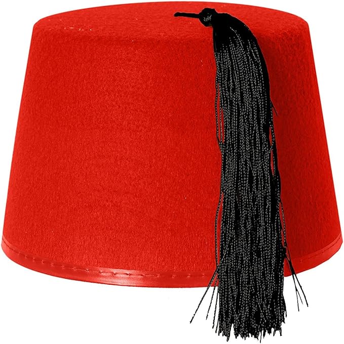 1x RED KUKI FEZ HAT FANCY DRESS ACCESSORY WITH BLACK TASSEL FELT HAT FOR MEN & WOMEN BY