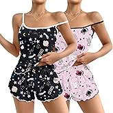Ekouaer 2 Pack Womens Cami Pajama Sets Cute Print Tank Top Pjs and Shorts Camisole Lounge Set