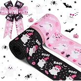 2 Rolls Pink Ghost and Boo Wired Edge Ribbon, 12 Yards Pink Halloween Ghost Bat Pumpkin Pattern Decorative Ribbons for Happy Boo Day Girls Baby Shower Birthday Themed Bow Wreath Making DIY Crafts
