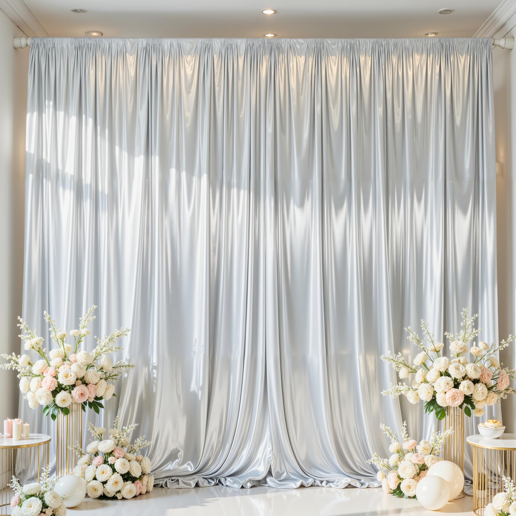 Photo 1 of Silver Satin Backdrop Curtains 2 Panels - Glitter Photo Drapes for Baby Shower, 10x10FT Shimmer Back Drop Decor, Wrinkle Free for Birthday Party Prom Wedding Anniversary Background`