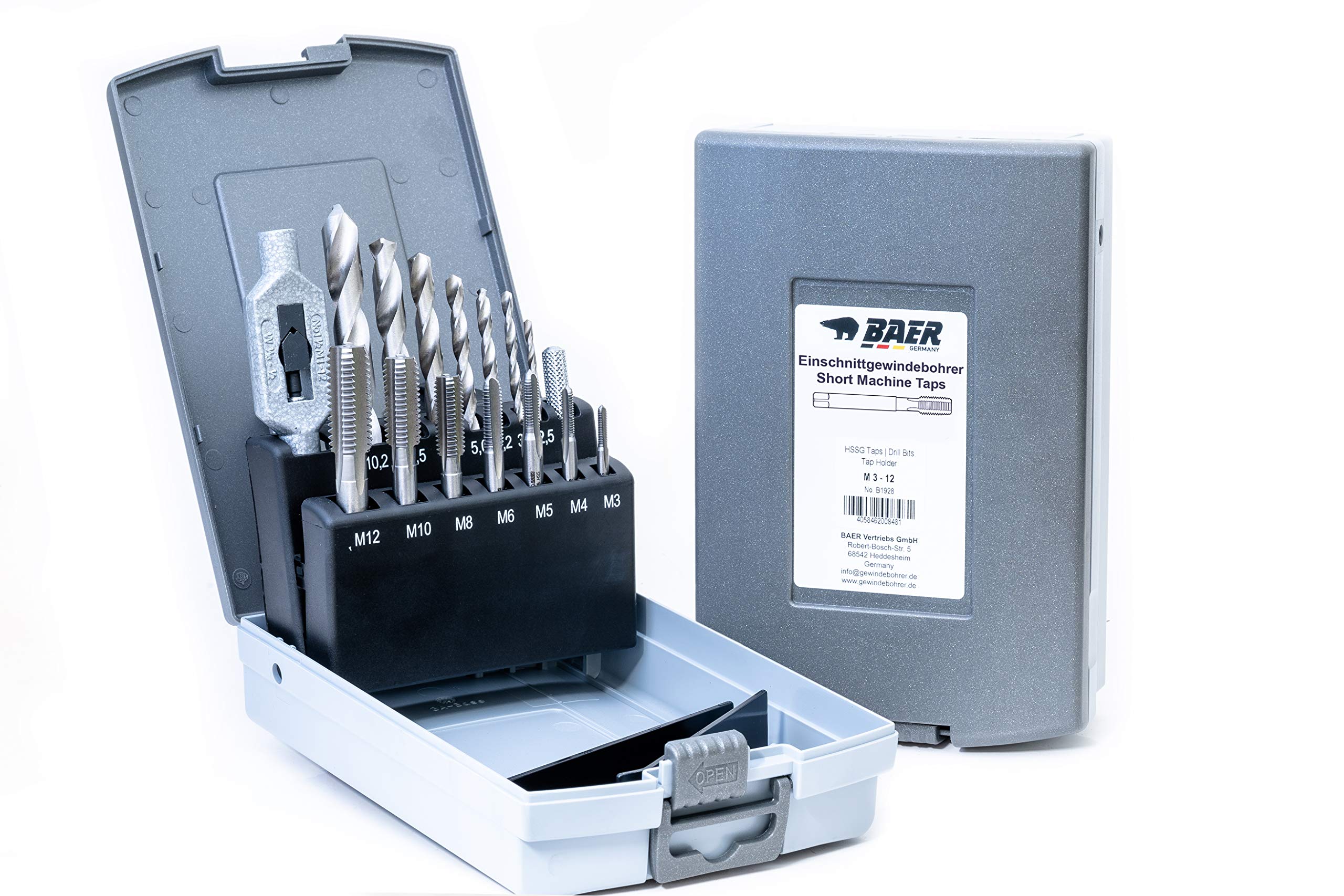 BAER Tap Cutter Set HSS Taps | Core Hole Drill | Tap Wrench M 3-12 | Tap Set | Drill Bit Set | Spiral Drill