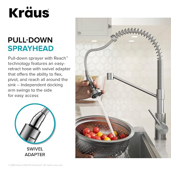 KRAUS BOLDEN COMMERCIAL STYLE 2-FUNCTION SINGLE HANDLE PULL DOWN KITCHEN FAUCET IN SPOT-FREE BRUSHED BRASS, KPF-1610BB