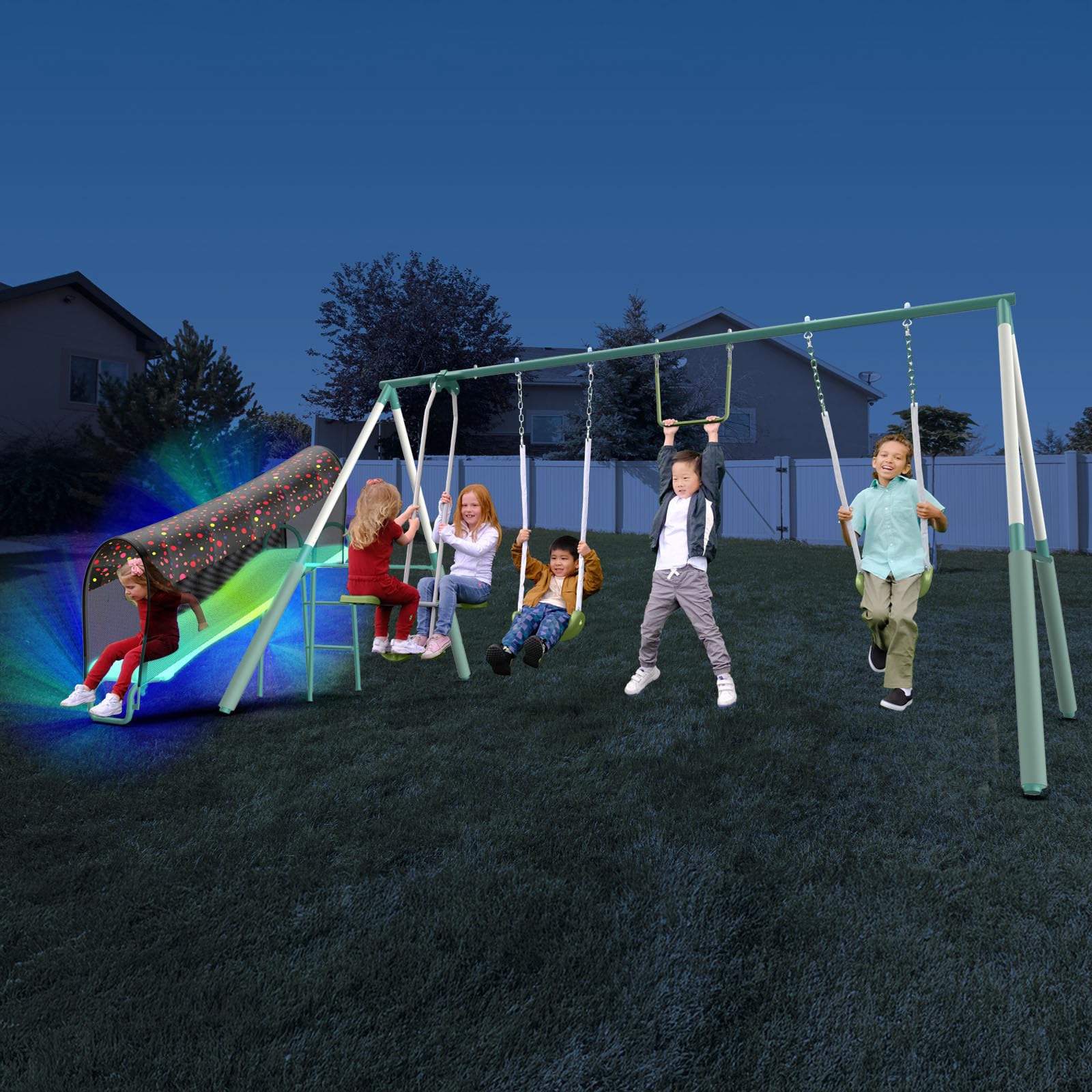 Photo 1 of ***ASSEMBLY PIECES MAY BE MISSING ***Sportspower Arcadia Light Zone Metal Swing Set for Kids, Outdoor Playset with LED Light-Up 5ft Slide, Slide Tunnel, Swings & Trapeze, 6ft Heavy-Duty Steel Frame, 600lbs Capacity