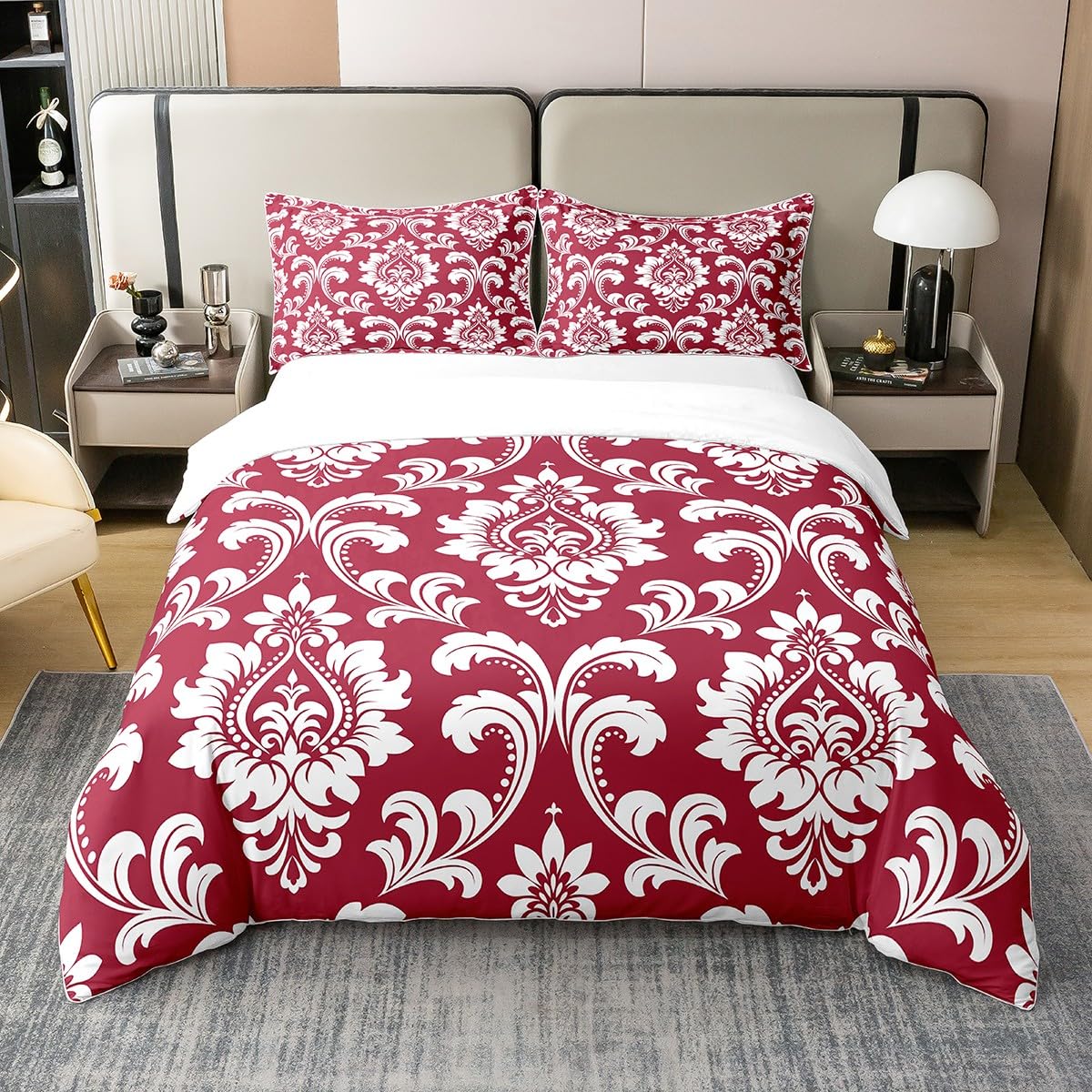 Homewish 100% Organic Cotton Vintage Floral Bedding Set Double,Antique Baroque Damask Duvet Cover Red White Flowers Ornament Comforter Cover for Kids Boys Teens,European Classical Stylish Quilt Cover