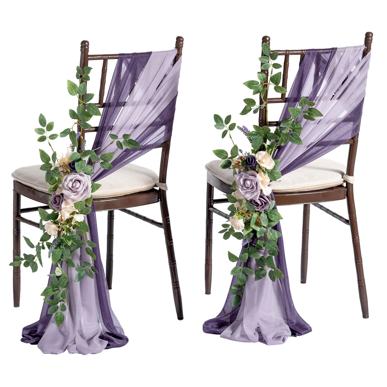 Photo 1 of Ling's Moment 8 Wedding Chair Decorations Aisle Pew Church Artificial Flowers Greenery Swag Lilac Purple Gold Bench Ceremony Reception Floral Faux Backdrop Rose Arrangements Party Outdoor Decorations