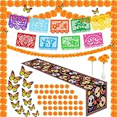 Mulbozy 65 Pcs Dia De Los Muertos Decorations, Day of the Dead for Altar | Marigold Flowers, Table Runner, Papel Picado, Marigold Garland, Butterfly for Day of The Dead Decorations Indian Diwali Altar