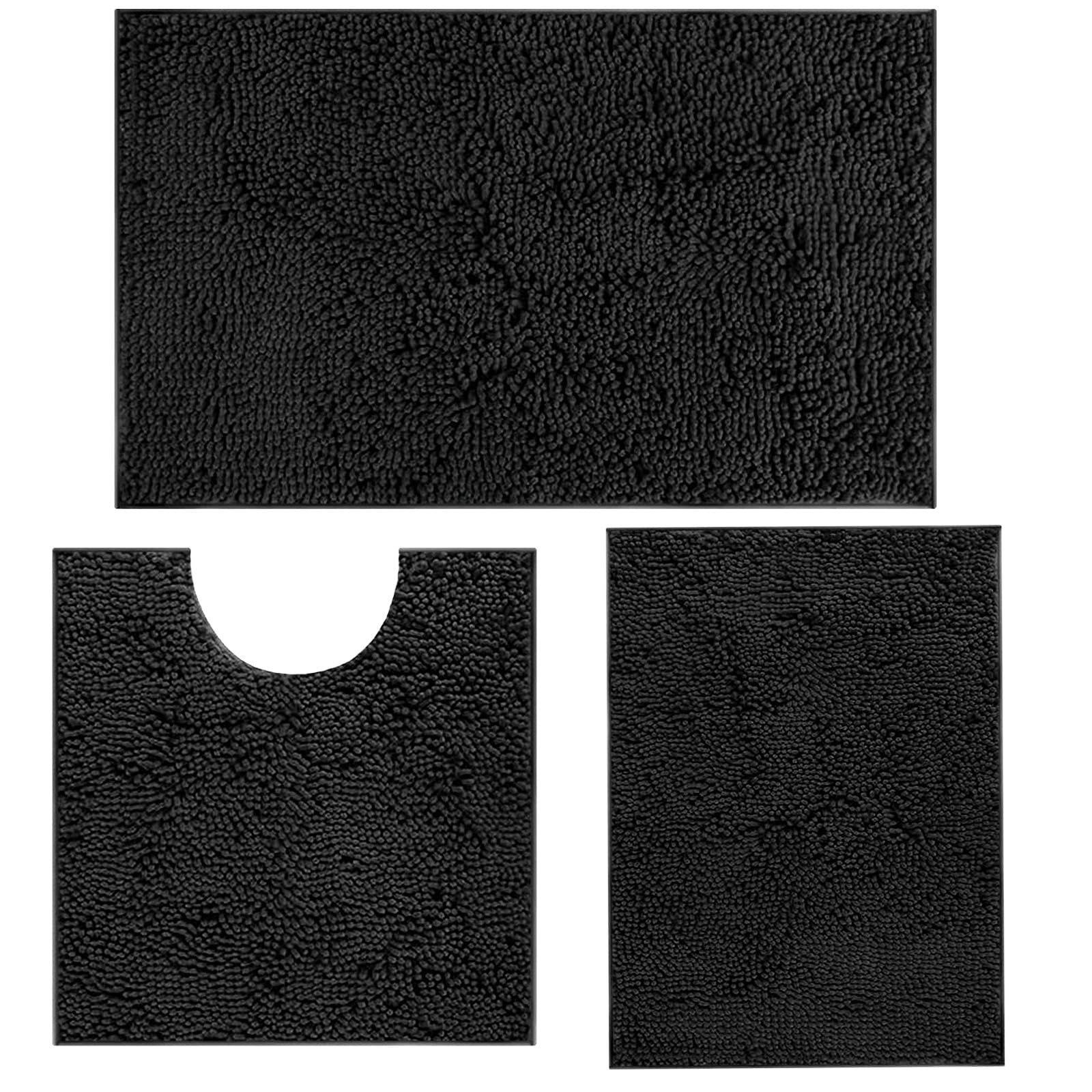 RUN HELIX Ultra Soft Chenille Bath Mat Non Slip, Bath Mat Set 3 Piece, Shaggy Bathroom Mats, Absorbent Bath Mats for Bathroom, Fluffy Bathrooms Mat Set with U-Shaped Toilet Rug (Black)