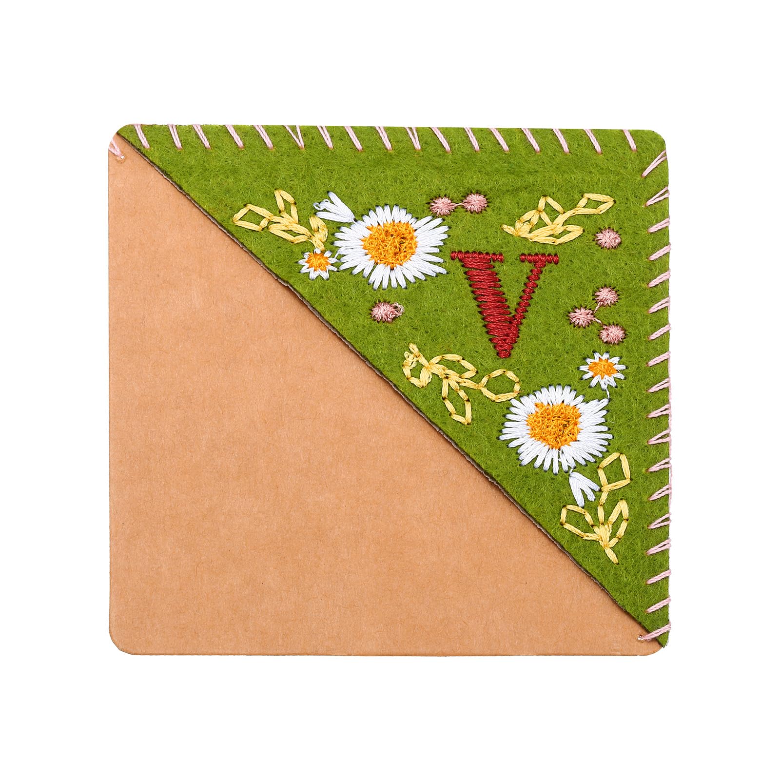 PATIKIL Personalized Embroidered Corner Bookmark, Cute Flower Felt Stitched Triangle Book Mark Page Marker for Women Men Book Lovers Teachers, Green, Letter V