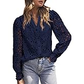 MASCOMODA Womens Tops Dressy Casual Fall Puff Long Sleeve Eyelet Button Shirts V Neck Lace Embroidered Hollow Out Work Blouse