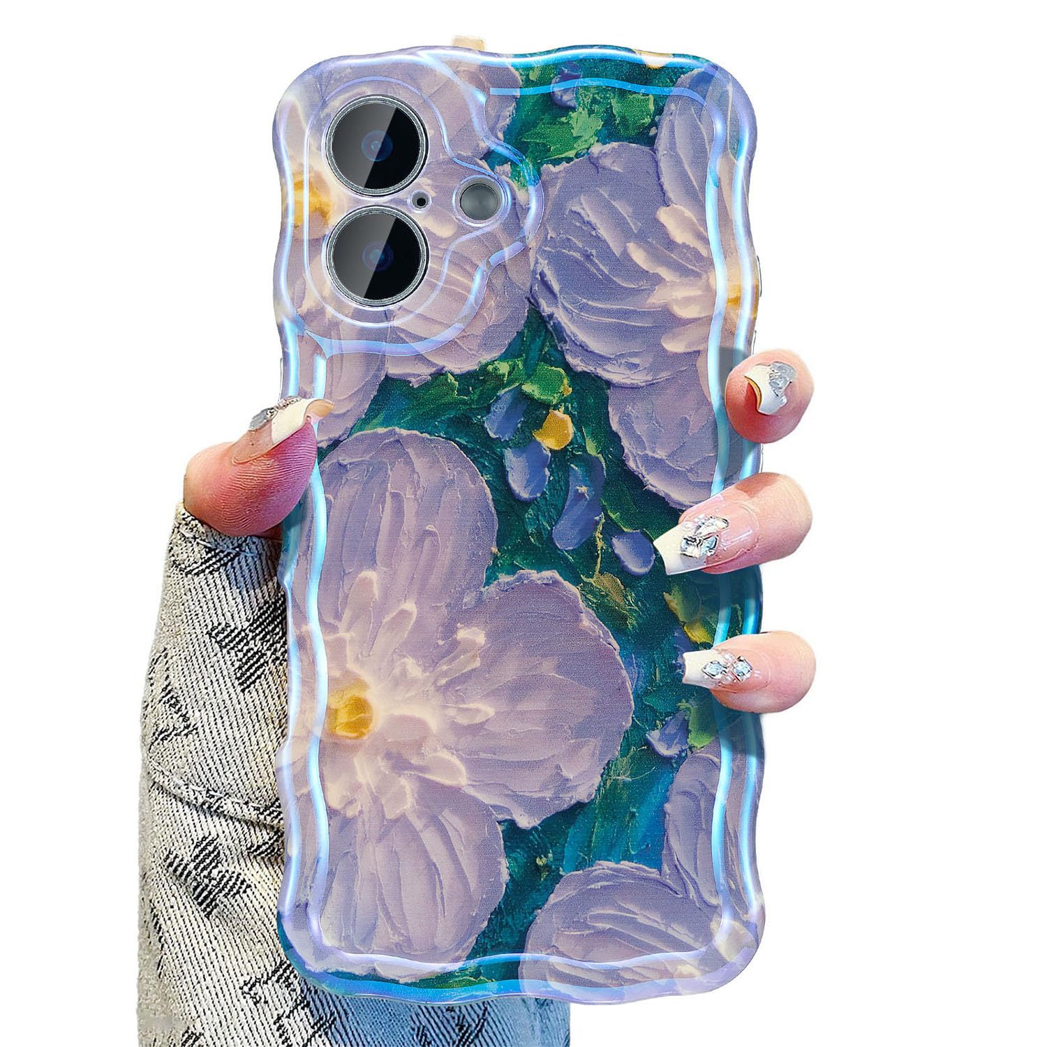 UEEBAI Case for iPhone 16 6.1", Glossy Oil Painting Flower Pattern Case, Curly Wave Frame, Cute Pretty Aesthetic, Lens Protection Screen anti-scratch Cover for Girl Women - Purple Flower