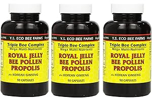 YS ECO BEE FARMS Y.S. Eco Bee Farms, (3 Pack) Royal Jelly, Bee Pollen, Propolis, Plus Korean Ginseng, 90 Capsules