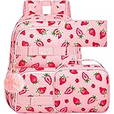 HPJGD 3PCS Backpack for Girls, 17" Water Resistant School Bag with Lunch Box, Cute Strawberry Bookbag Set for Women College Teenagers High Middle Elementary