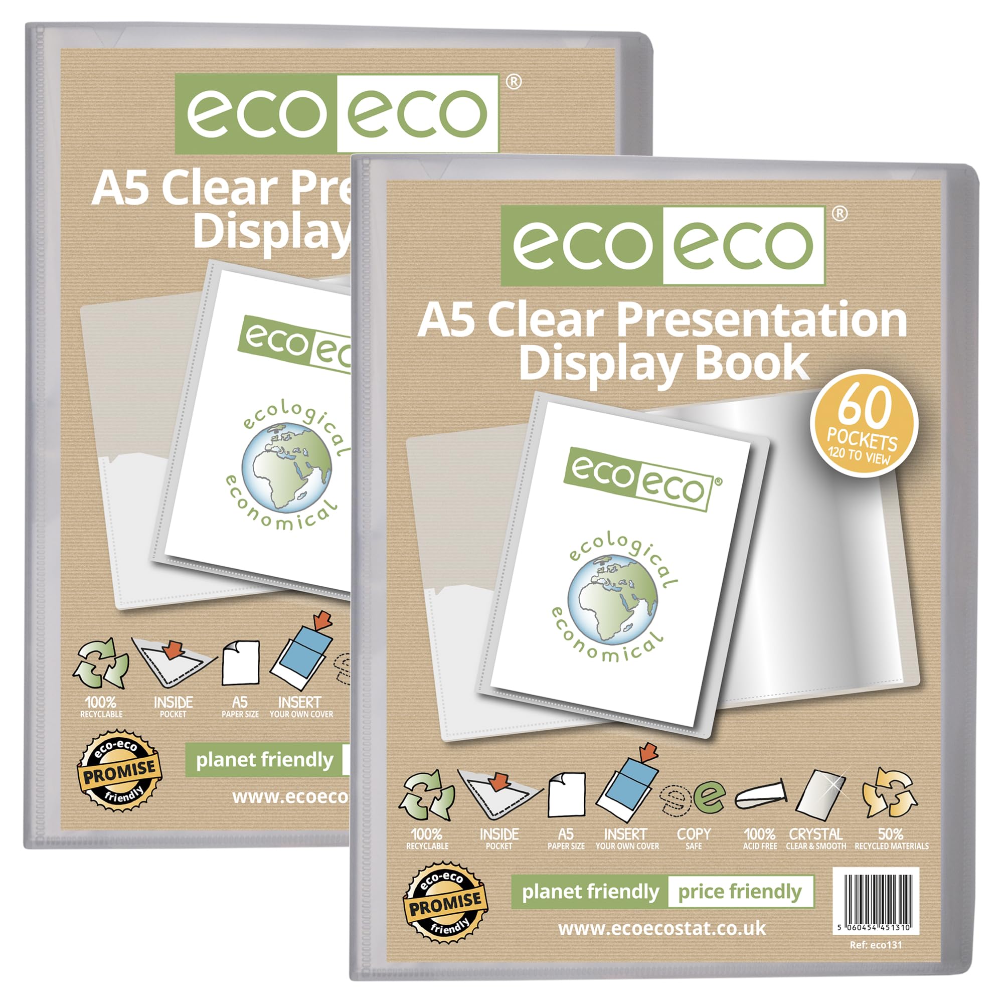 eco-eco A5 Size 50 Percent Recycled 60 Pocket Clear Presentation Display Book, Storage Case Portfolio Art Folder with Plastic Sleeves, Pack of 2, eco131x2