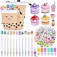 Sabary 228 Pcs Kawaii Stationary Set Include Telescopic Pencil Pouch Case Bag Gel Ink Pen Sticky Note Bubble Tea Sticker Pill Highlighter Stationary Cute School Supplies for Christmas(Cute)