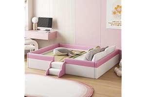 Merax Queen Size Floor Bed, Upholstered Kids Daybed Frame with Fence and Stairs, Wood Bed for Living Room, White+Pink