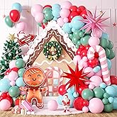 FunHot Pink Christmas Balloons Arch Kit, Xmas Pink Green Balloons Garland, Teal Blue Mint Green Latex Balloons Gingerbread Man Candy Cane Star Foil Balloon for New Year Christmas Party Decorations