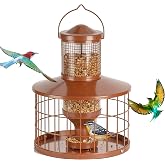 Caged Bird Feeders Squirrel-Proof, Metal, 2.8 Lbs Capacity-Cage Tube Seed Feeders with Tray Outdoor Hanging, Attract Birds,Detachable Cleaning, Starling Proof Wild Bird Feeder（Brown）