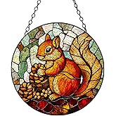 Stained Glass Suncatcher Squirrel and Pinecones Handmade Window Hangings Colored Glass Suncatcher Crafts Kits for Indoor Garden Christmas Decoration 16x16cm-1