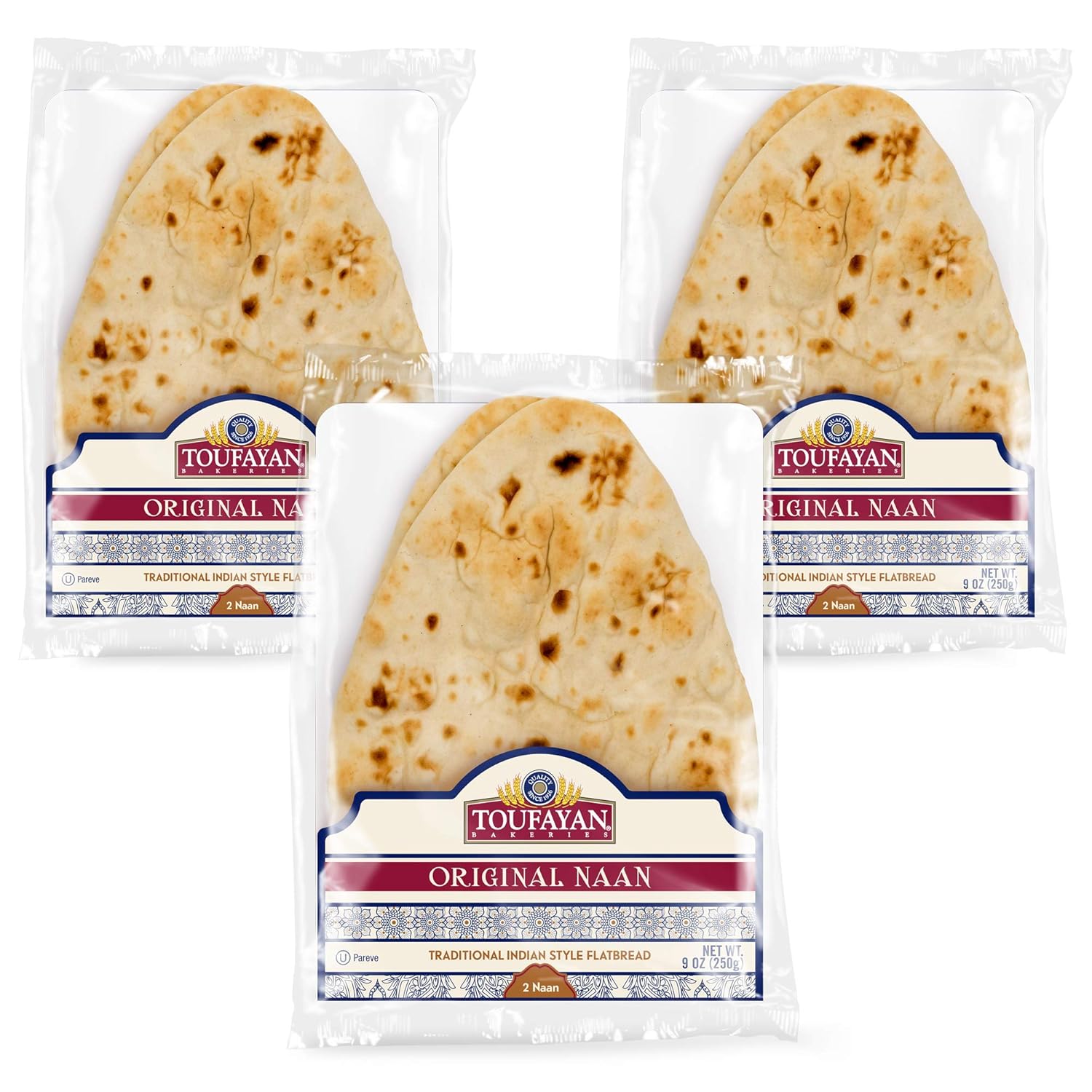 Toufayan Bakery, Original Naan Bread Flatbread, Traditional East Indian Pita Bread, Naturally Vegan, Cholesterol Free and Kosher (Original, 3 Pack)