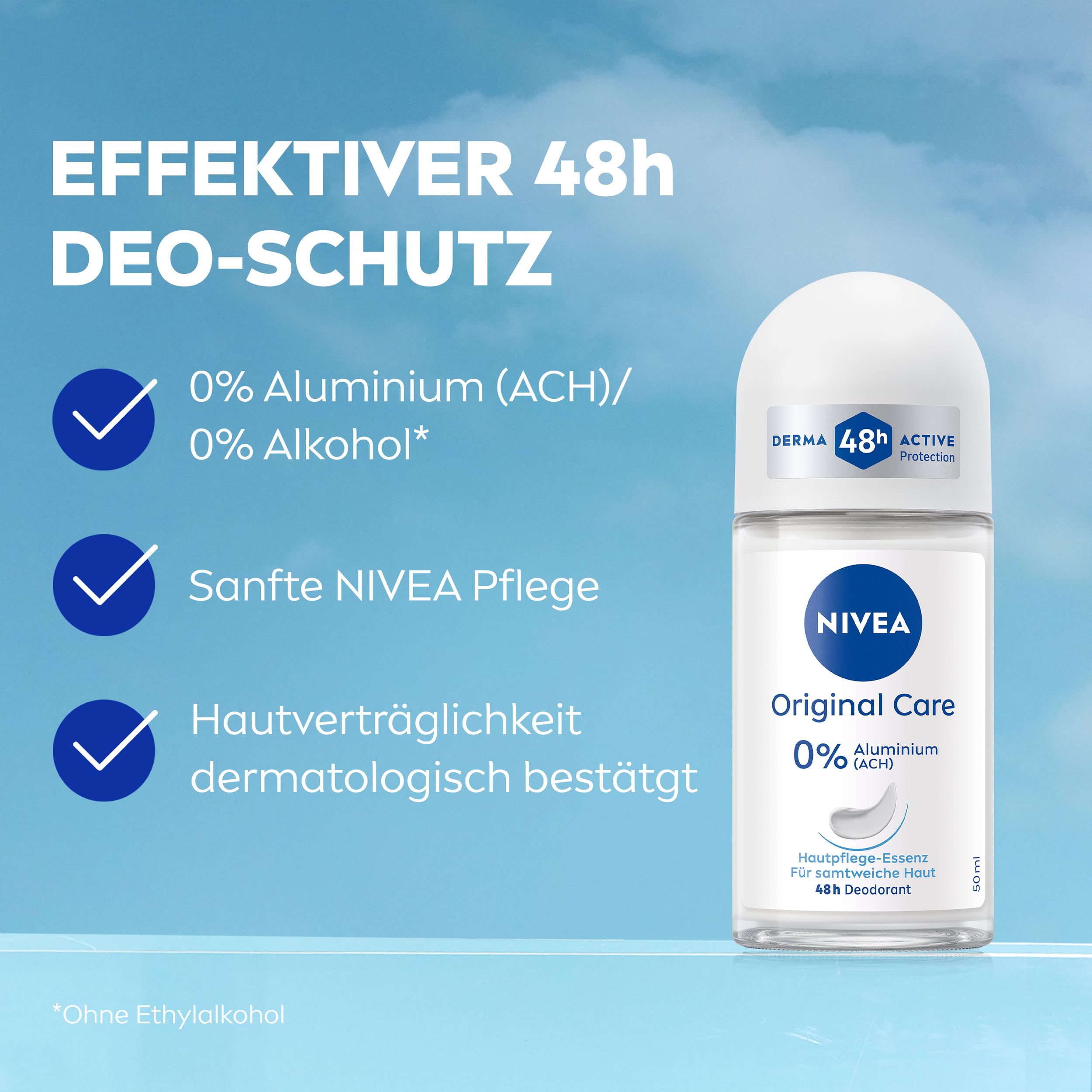 NIVEA Original Care Deo Roll-On, Deoroller ohne Aluminium (ACH) und Ethylalkohol, Deodorant mit Hautpflege-Essenz für 48h Schutz und Pflege (50 ml) 2