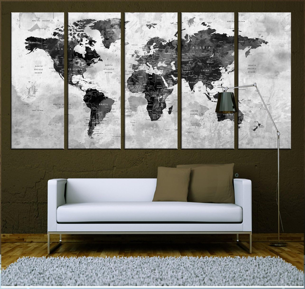 Push Pin World Map Canvas Print, watercolor wall art , Ready To Hang, Extra Large Wall Art T578