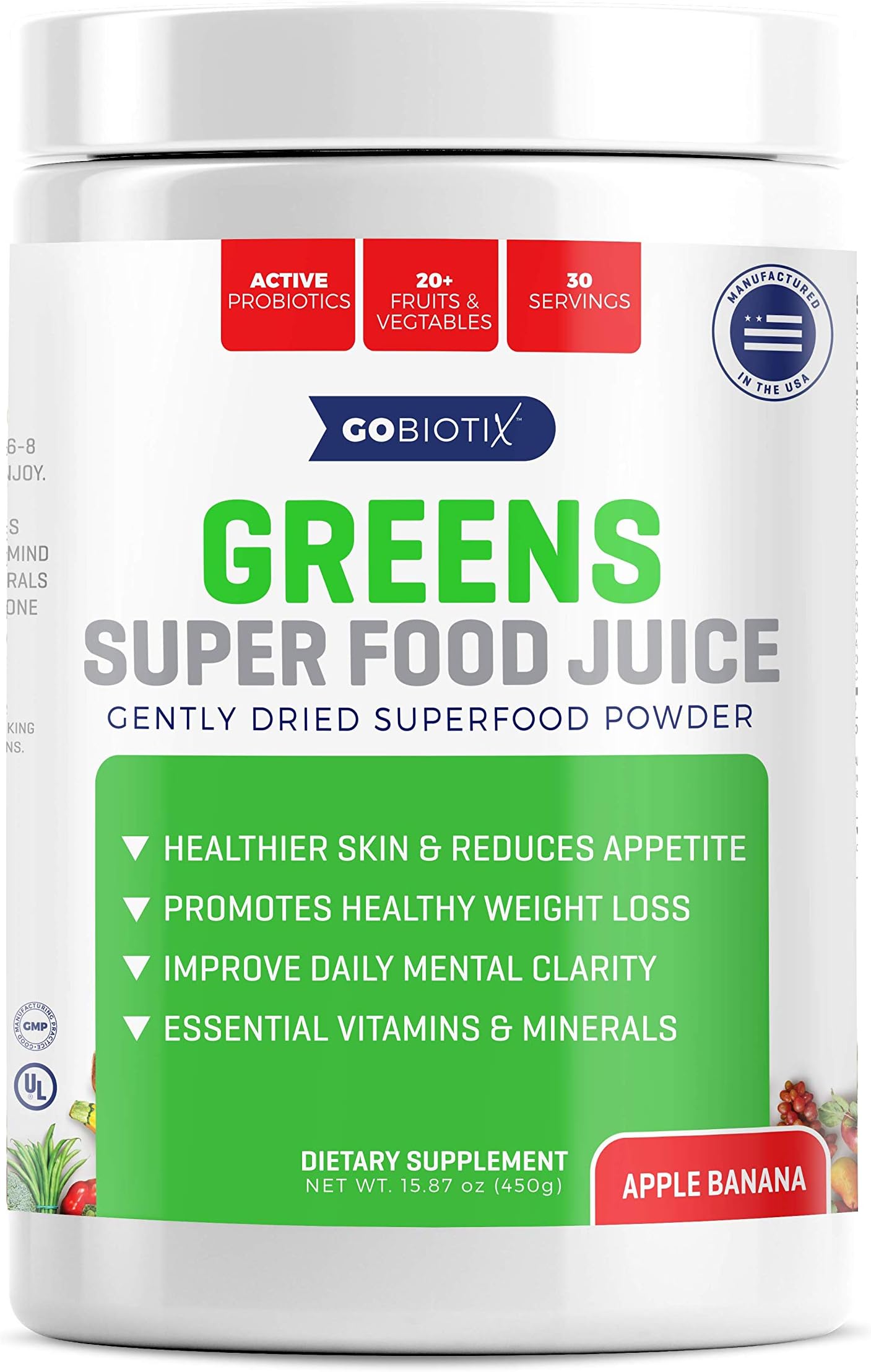GoBiotix Greens Superfood Juice | Organic Green Veggie Powder | 20+ Fruits & Vegetables | Promotes Gut Health | Antioxidant with Probiotic Blends | Gluten Free Non-GMO Vegan | Apple Banana 450g