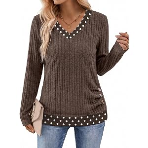 Sampeel V Neck Long Sleeve Shirts Button Side Sweaters Color Block Tops | Fall Fashion Outfits 2026,Dressy Casual Clothes,Tun