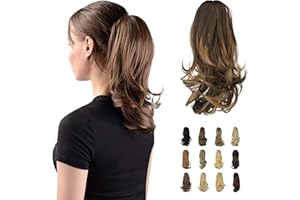 SOFEIYAN 13" Ponytail Extension Long Curly Ponytail Clip in Claw Hair Extension Natural Looking Synthetic Hairpiece for Women, Dark Brown/Golden Auburn