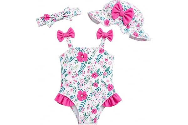 DivingBirds Baby Girl Swimsuit with Sun Hat & Headband Set, Infant Bathing Suit Summer Beach Gift 3Months-3T