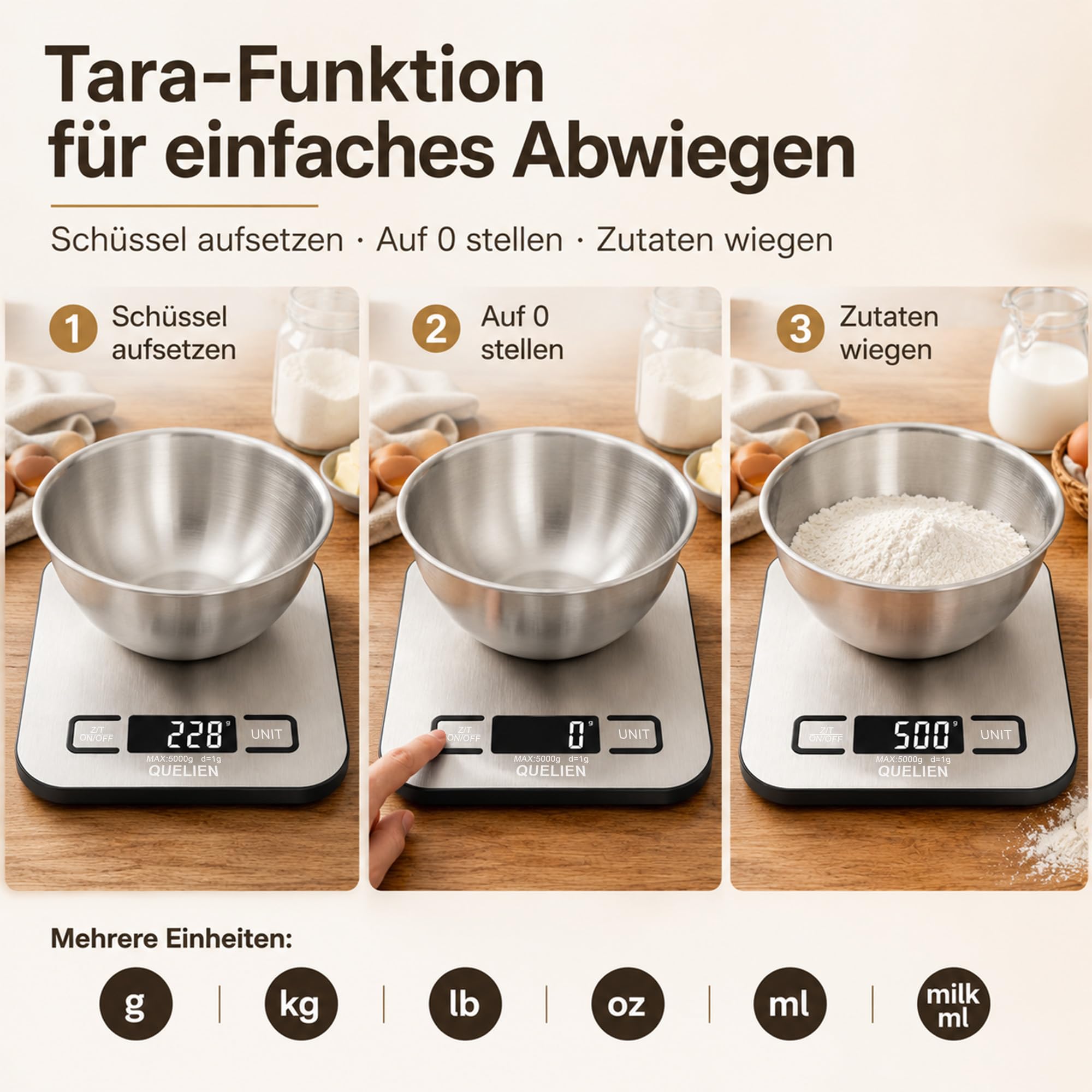 Digitale Küchenwaage Aus Edelstahl, USB-Aufladbar, 5 kg/1 g Präzision, 6 Einheiten, Tara-Funktion, LCD-Display – Ideal Für Kochen, Backen Und Große Mengen 4