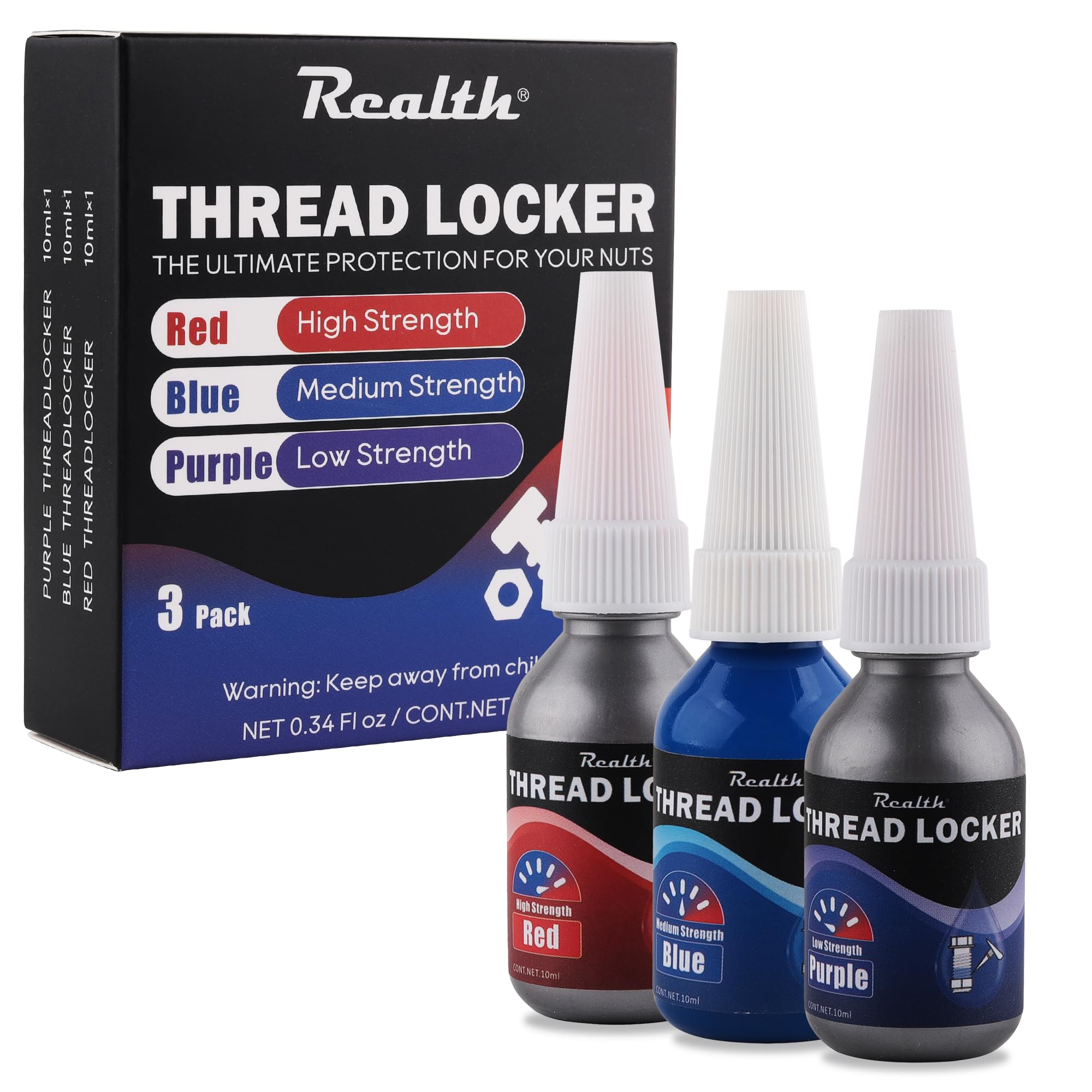 Photo 1 of Red Purple and Blue Lock Tight Threadlocker 10ml-3Pack, Low, Medium and High Strength locktight Thread Locker for Metal, Fasteners, Nuts, Bolts to Against Losening and Seal