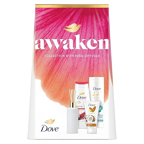 Dove Awaken Collection Gift Set with a body wash, a body lotion, a hand cream and a Reed Diffuser perfect gifts for her 3 piece