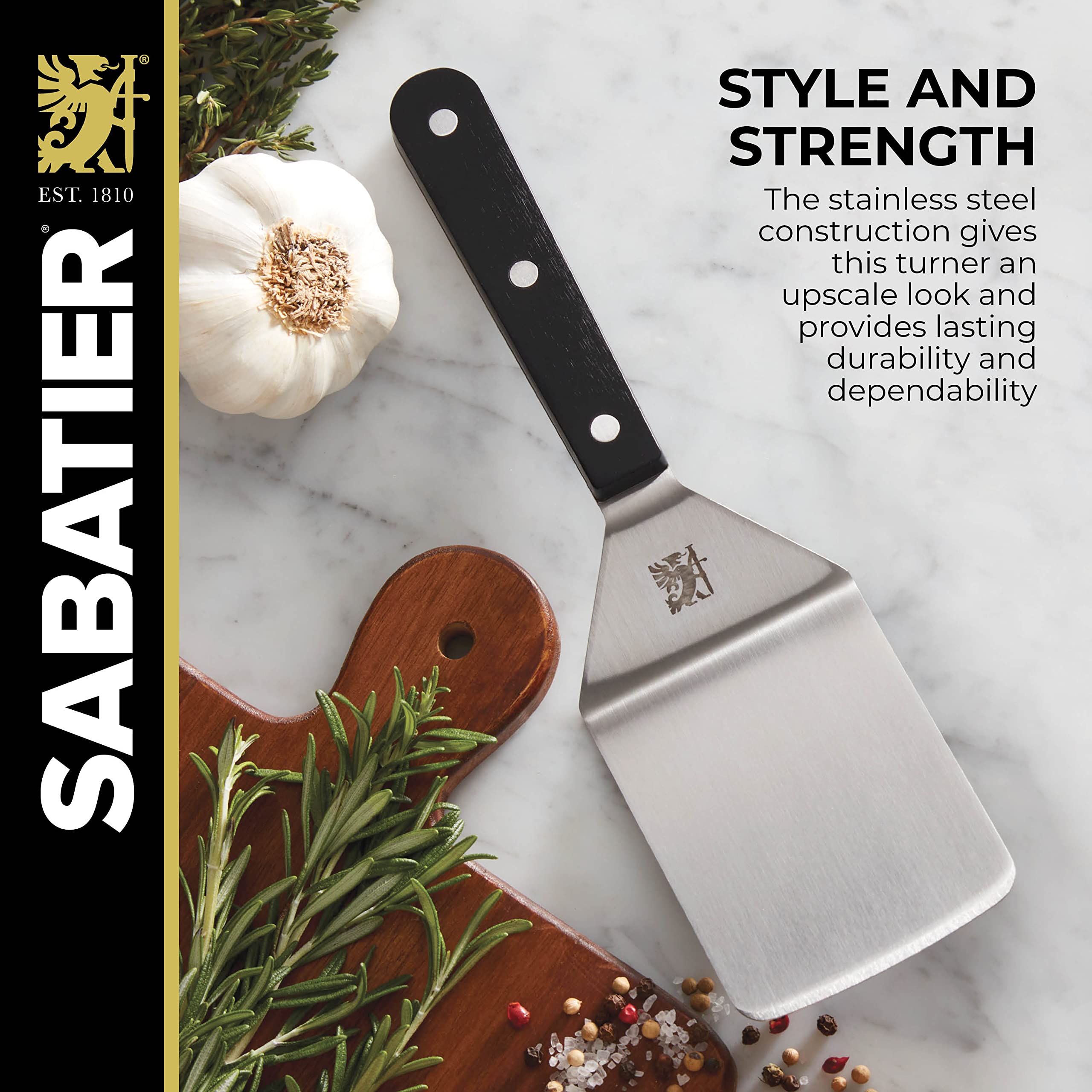 SABATIER Triple Rivet Wide Turner, 9.625 Inch Stainless Steel Spatula for Cast Iron, Griddle and Grill Cooking, Professional Grade Kitchen Utensil