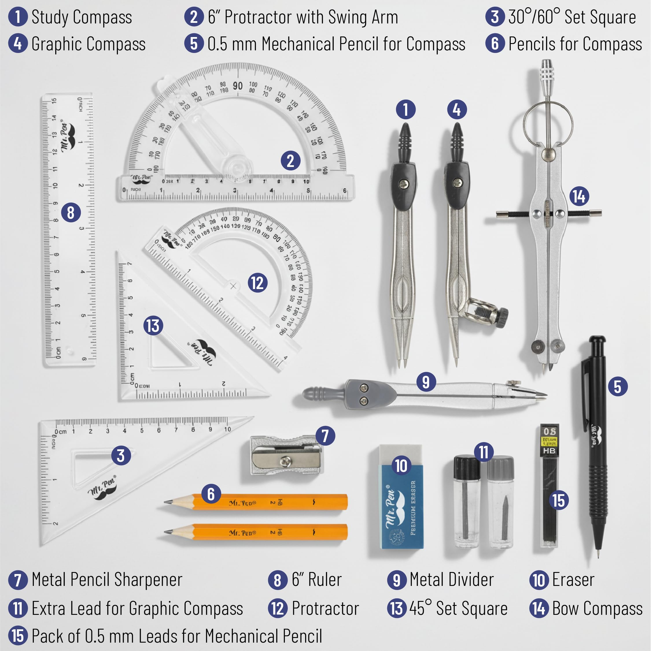 Mr. Pen Geometry Set with 6 Inch Swing Arm Protractor, Divider, Set Squares, Ruler, Compasses and Protractor, 15 Piece Set, Back to School Supplies