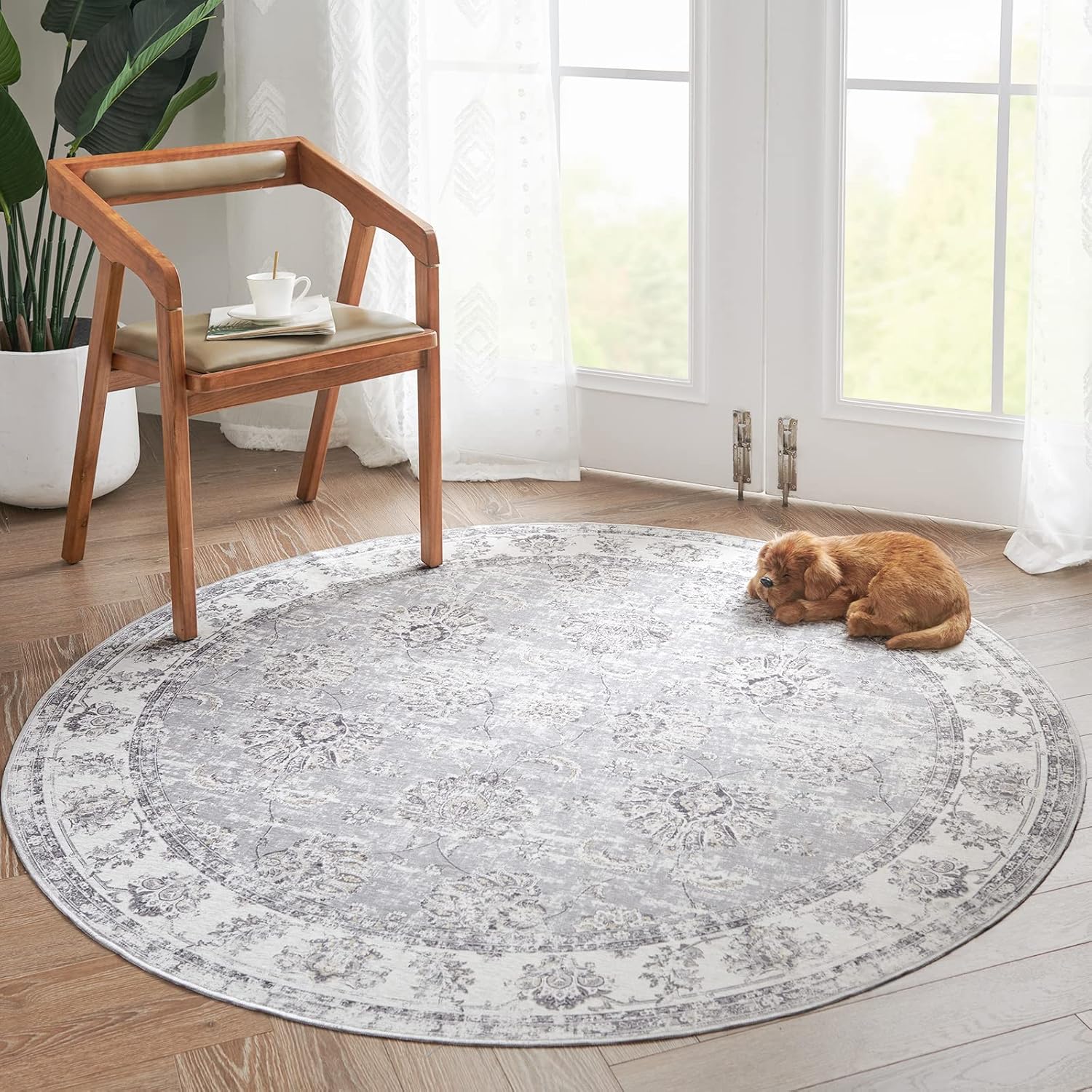 Rugs, Pads & Protectors - jinchan Round Rug 4ft Area Rug Indoor Vintage Hallway Circle Rug 4' Round Washable Thin Rug Floral Print Non Slip with Rubber Backing for Living Room Dining Room Bedroom Entryway Grey