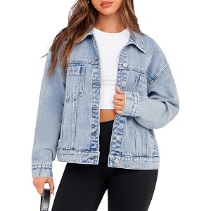 Glamaker Womens Oversized Jean Jacket Casual Long Sleeve Button Down Denim Jacket Fall Coat