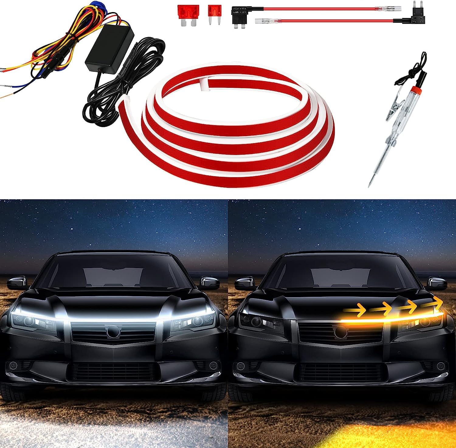 Photo 1 of Exterior Car LED Hood Light Strip,Dual Color Dynamic Scan Start Up Hoodbeam Kit,Led Daytime Running Lights White&Amber Switchback Sequential Turn Signal Lights for Cars, Trucks,SUV(95inch/1set)