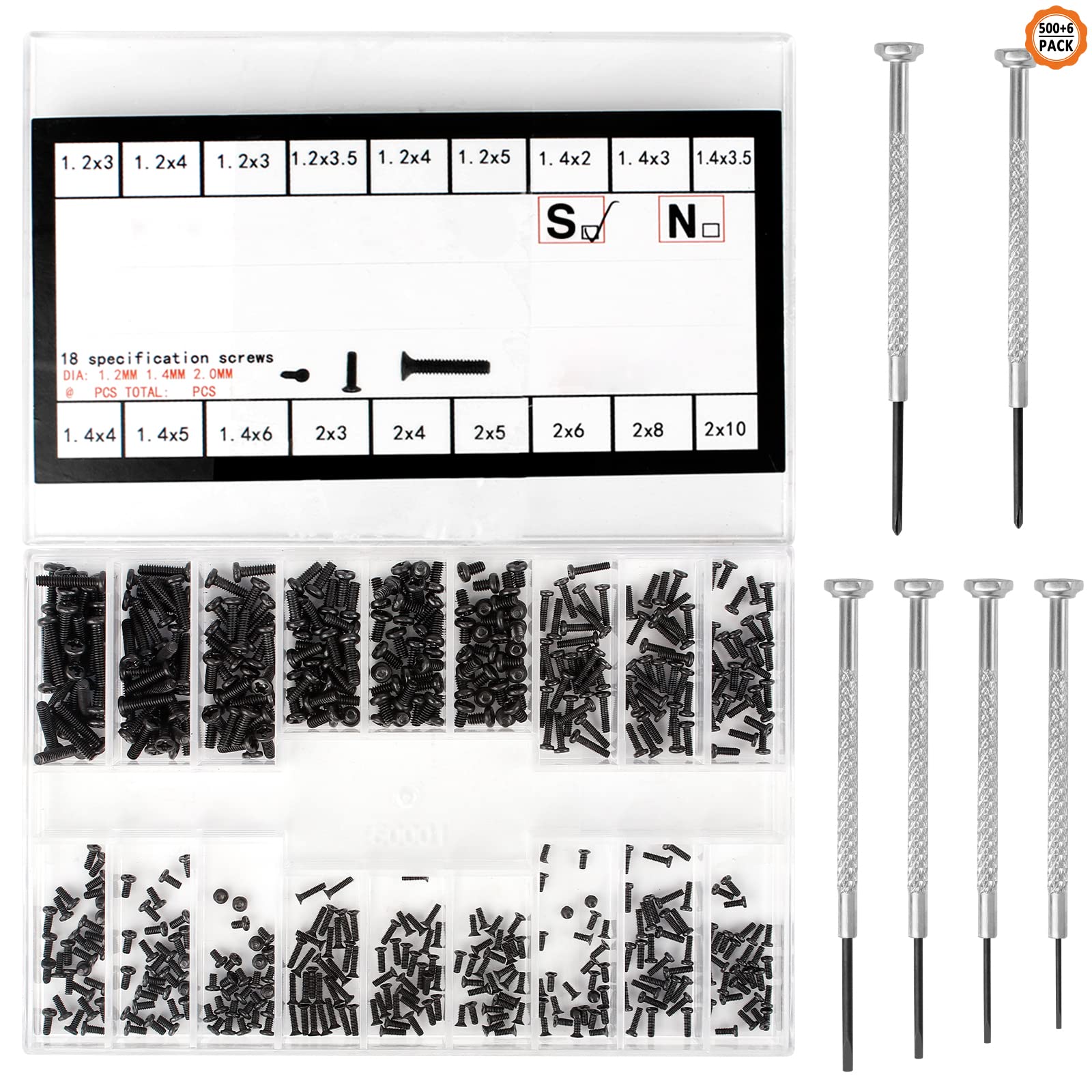 Iyowei 500 PCS Countersunk Screws Set, M1.2 M1.4 M2 Flat Round Head Screws SSD Electronic Repair Screws Laptop Computer Screws Kit Assortments with Clear Box and 6 PCS Screwdrivers for Glasses, Watch