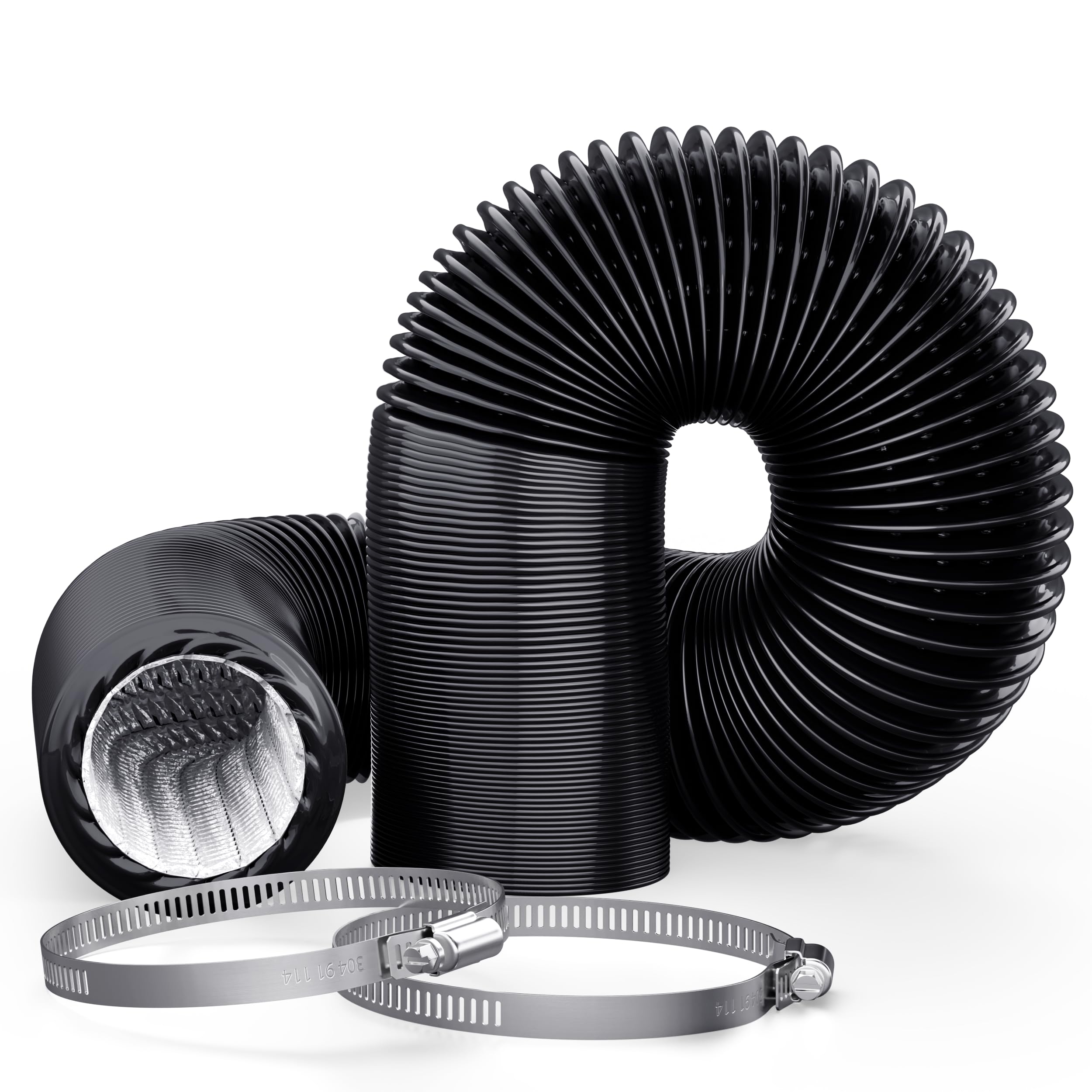 Adair 4inch x 10ft (3M) Tumble Dryer Vent Hose 100mm Black, Flexible Aluminium PVC Ducting, Includes Clamps, for Air Conditioner, Bathroom Extractor Fan (3 Metre)