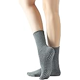 Yoga Pilates Socks with Grips for Women Non Slip Solid Colored Fleece Cushioned Mid Calf Crew Socks for Barre Ballet Dance