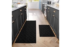 hicorfe Kitchen Rugs and Mats Sets,2 Pieces Super Absorbent Polypropylene Non-Slip Rug,Soft Comfort Floor Mat,Washable for Kitchen,Hallway,Office,Sink,Laundry(20" x 31.5" Plus 20" x 48",Black)
