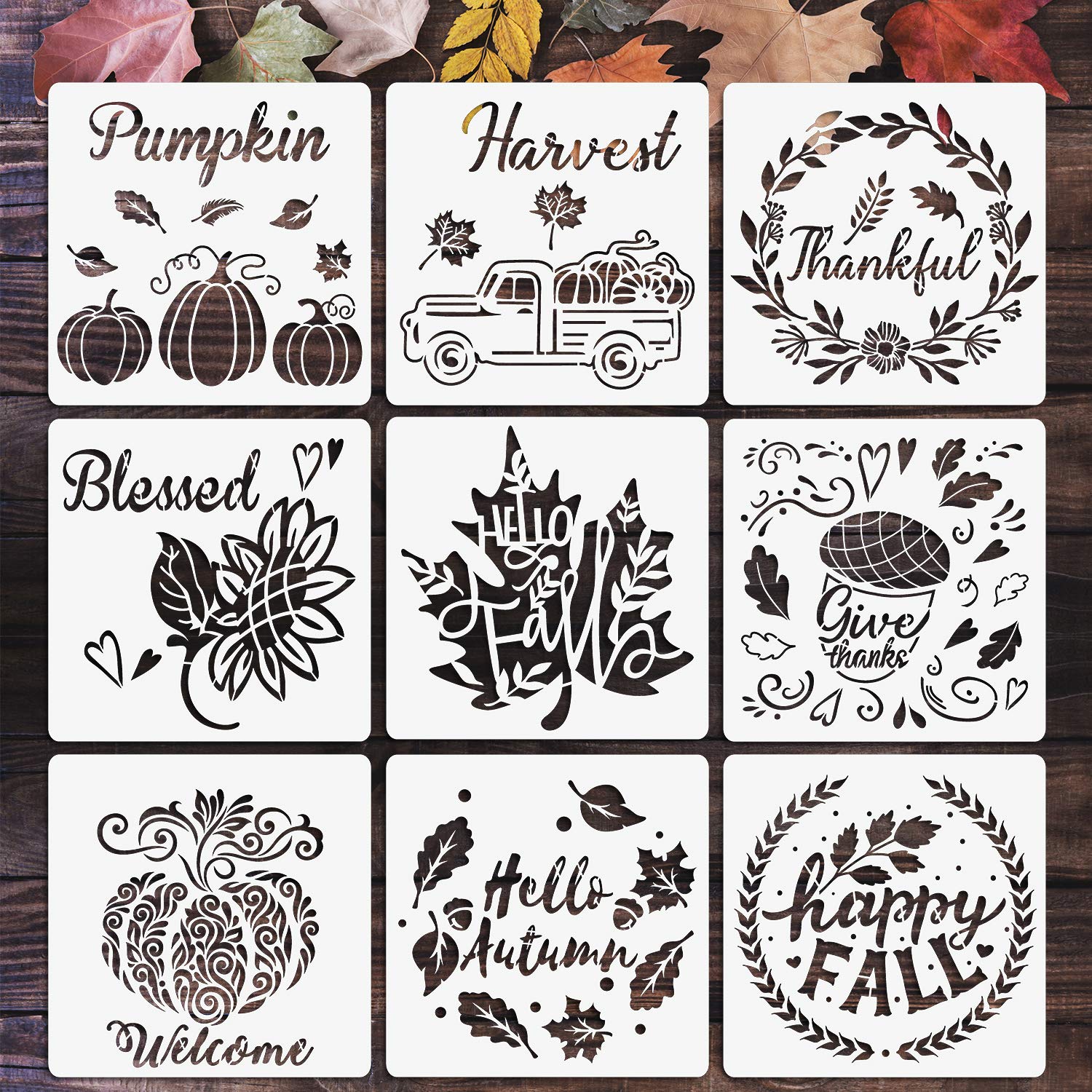 Whaline 9Pcs Autumn Fall Painting Stencils Thanksgiving Drawing Templates Stencils Plastic Templates for DIY Art Craft Home Decor Maple Leaves Sunflowers Wreath Wheat Ears Pine Cone Truck, 20 x 20cm