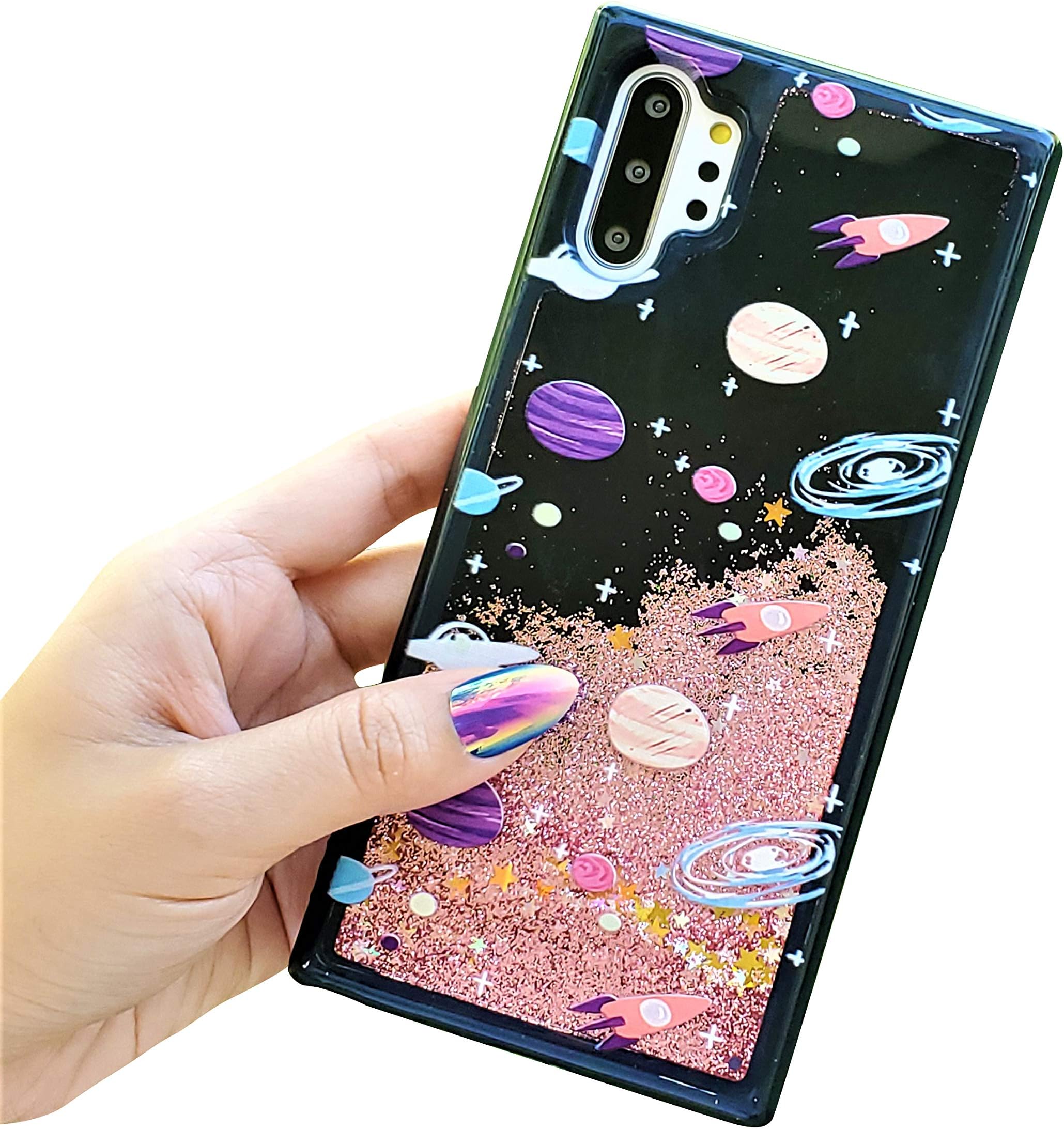 for Samsung Galaxy Note 10 Plus Cute Black Transparent Floating Moon Stars Planet Outer Space Liquid Waterfall Bling Glitter Case