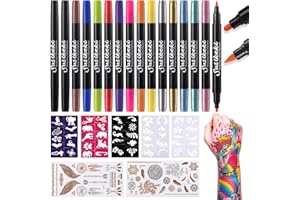 SUSIKEKI Temporary Tattoo Markers for Skin,15PCS Dual-Ended Tattoo Pen + 50 Paint Stencils + 43 Tattoos Stickers,Glitter & Matte & Neon Glow Body Marker Set, Removable Fake Tattoos Kit for Teens and Adult