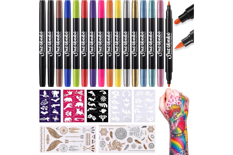 Temporary Tattoo Markers for Skin,15PCS Dual-Ended Tattoo Pen + 50 Paint Stencils + 43 Tattoos Stickers,Glitter & Matte & Neon Glow Body Marker Set, Removable Fake Tattoos Kit for Teens and Adult