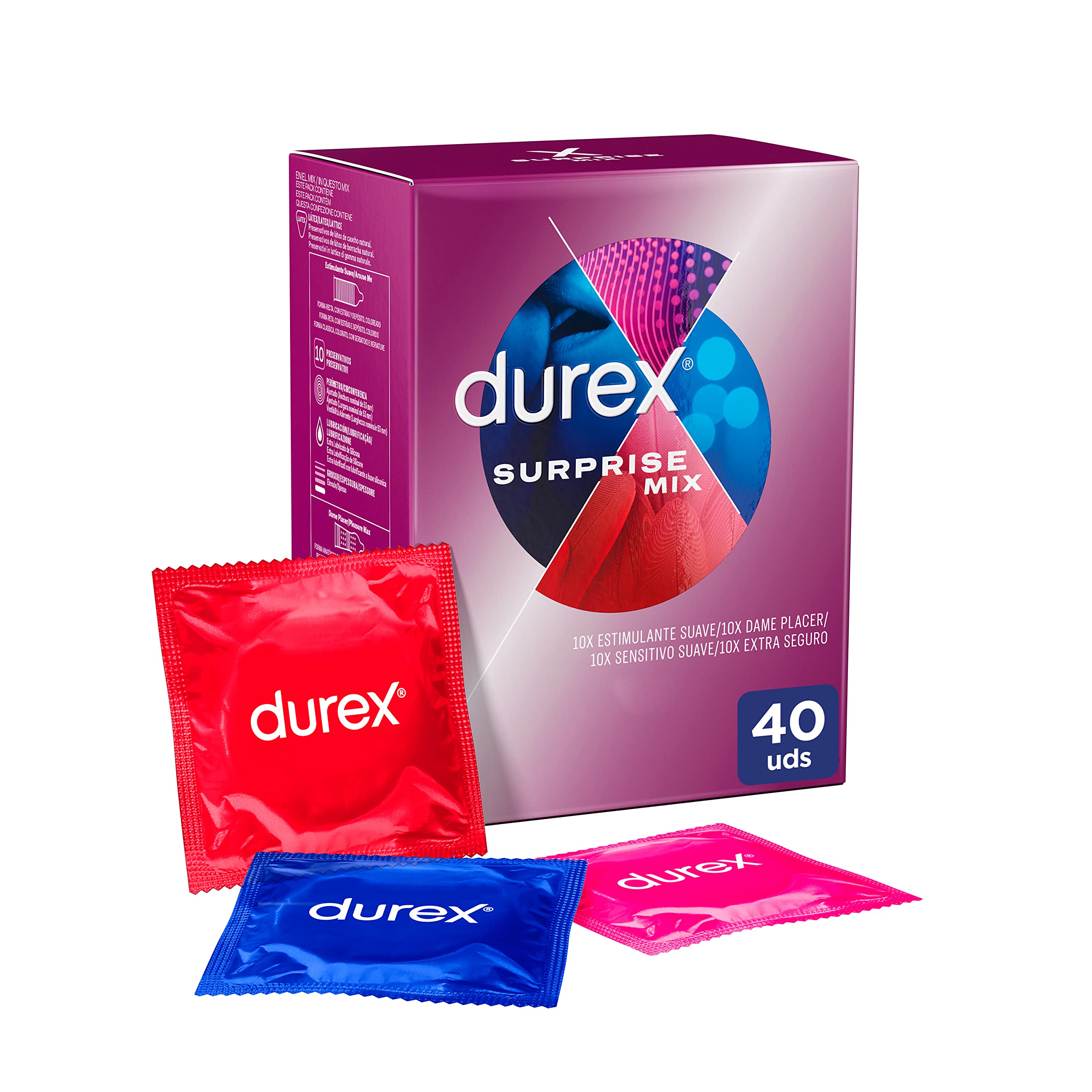 Durex Surprise Me Variety Pack - 40 Mixed Condoms for Enhanced Pleasure, Safe Intimacy, and Ultimate Protection