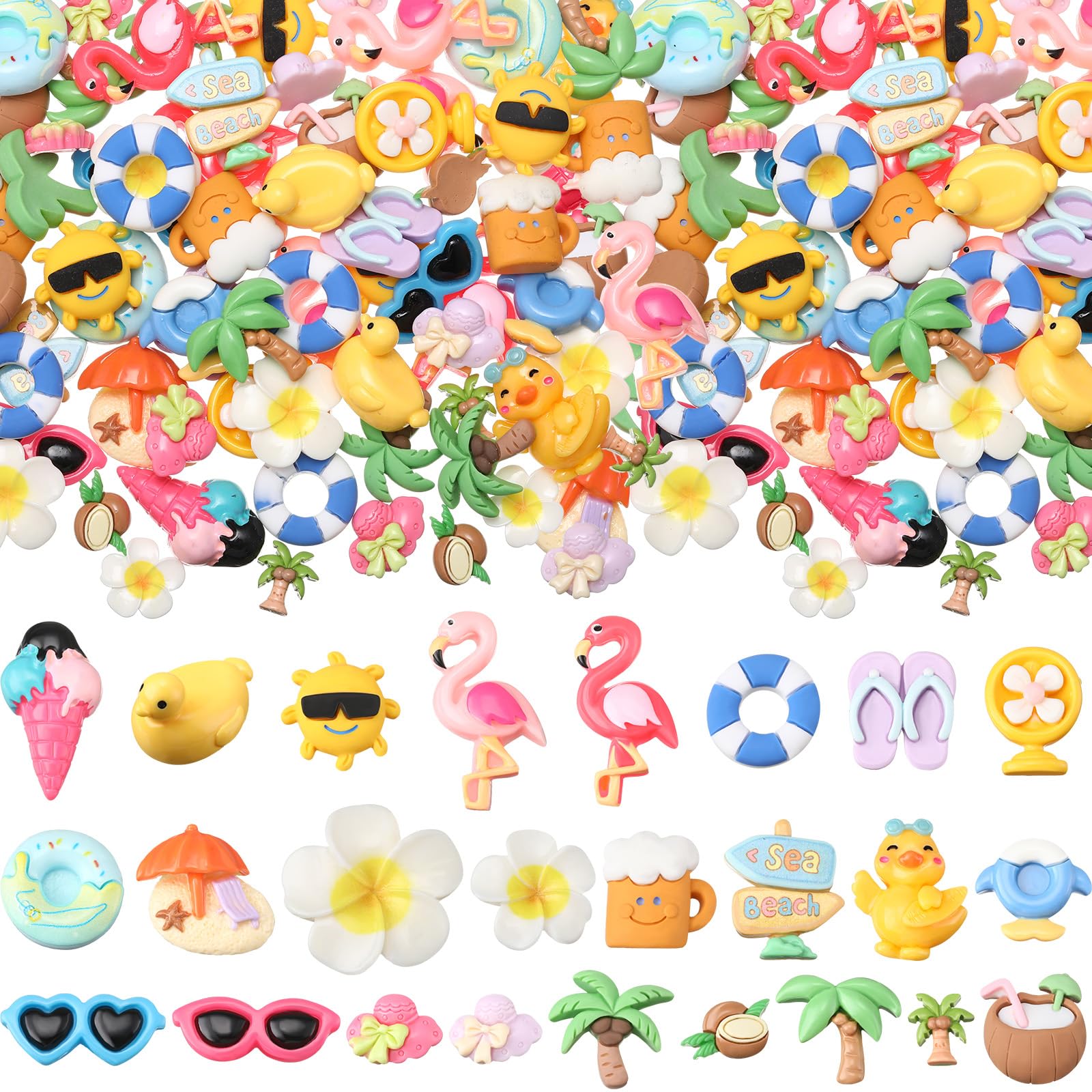 Photo 1 of Giegxin 40 Pcs Summer Resin Charm Hawaii Beach Coconut Flamingo Plumeria Flower Flatback Cabochon Accessories Cute Embellishments Bulk for Jewelry Cellphone Case Scrapbooking Headband DIY Craft Making